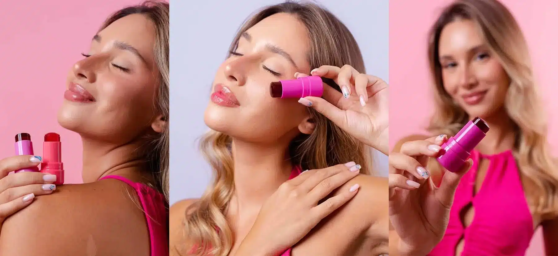 Modelo aplicando Jelly Tint rosado en labios y mejillas