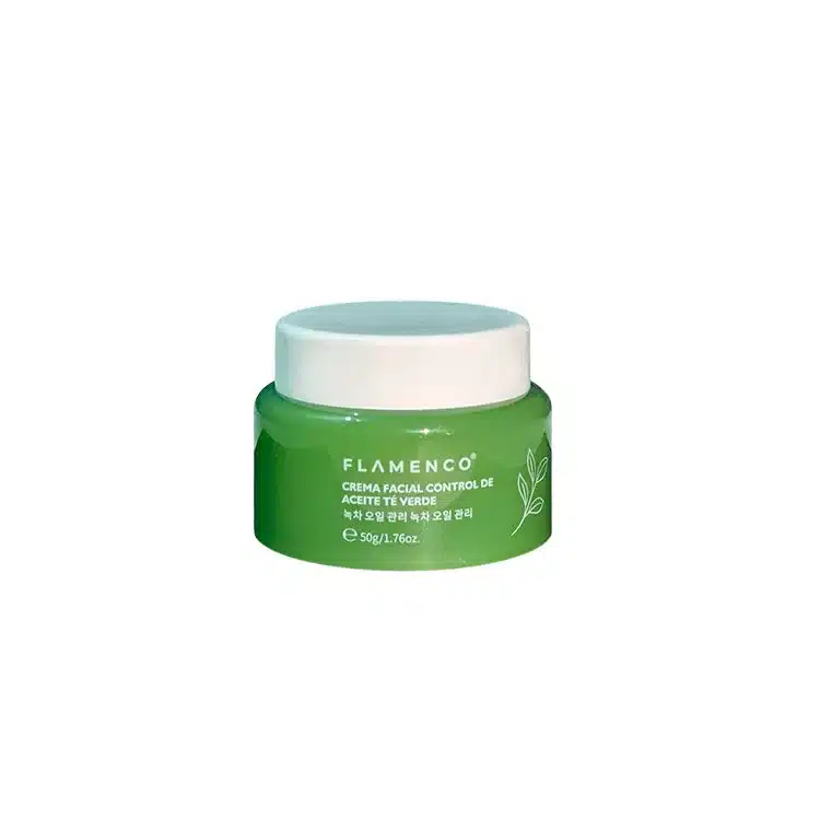 Crema facial Flamenco con extracto de té verde para hidratación y control de grasa.