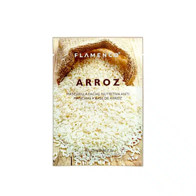 Mascarilla facial Flamenco con extracto de arroz para aclarar y nutrir la piel.