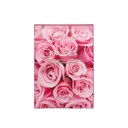 Mascarilla facial Flamenco con extracto de rosas para un tono uniforme y piel hidratada.