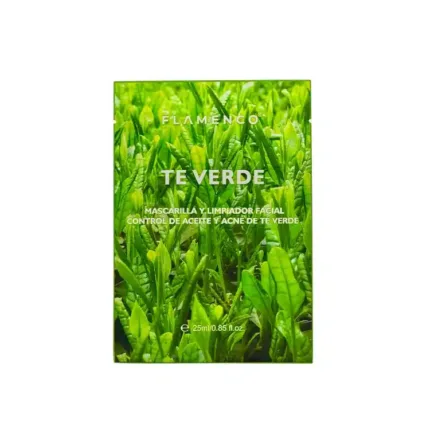 Mascarilla facial Flamenco con extracto de té verde, ideal para piel grasa.
